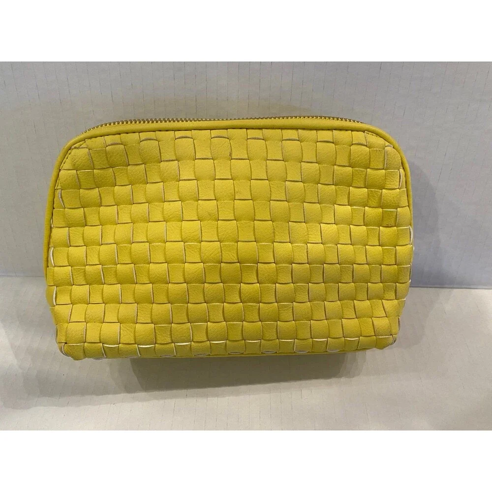 Merona Makeup Bag‎ Unique Bright Yellow Woven Design Cosmetic Purse Zipper Top
